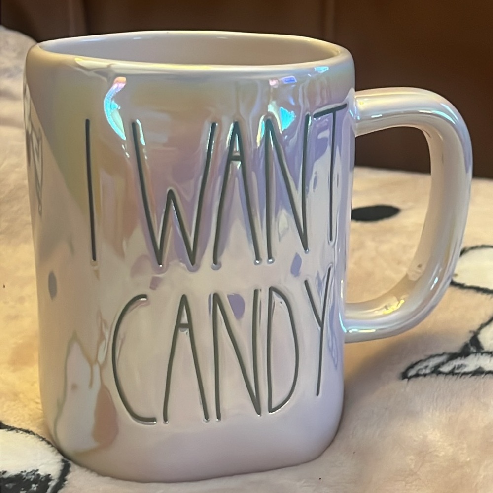 RAE DUNN IRRIDESCENT ‘I WANT CANDY’ COFFEE/TEA MUG NWOT